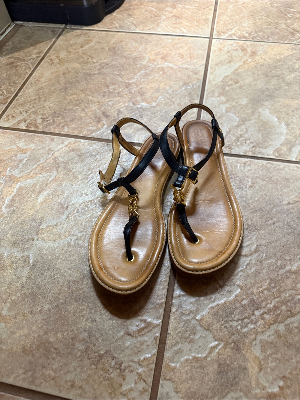 Sperry Black & Tan T-Strap Thong Sandals with Gold Accent